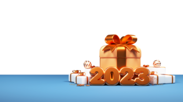 3d geven van 2023 aantal met geschenk dozen, kerstballen, sneeuwvlokken, sterren. png