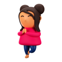 3d render desenho animado lindo menina em pé 1 perna guardada dentro oração pose. png