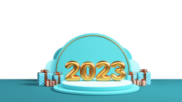 3d gouden ballon 2023 aantal over- podium met geschenk dozen voor gelukkig nieuw jaar concept. png