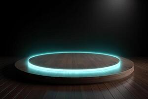 a wooden circular platform podium with a cyan neon light on dark background. photo