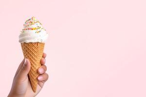 Hand holding delicious sprinkles ice cream in a crispy waffle cone with copy space. photo