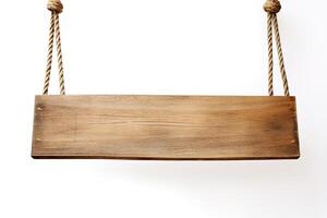 Wooden sign plain hanging from rope isolated on white background. photo