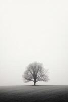 a lone tree stands alone in a foggy field with copy space for text. photo