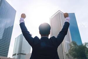 exitoso empresario levantamiento mano y expresando positividad mientras en pie en contra rascacielos antecedentes. ai generado foto