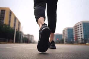 Legs view of a person walking on the road wearing sports shoes. photo