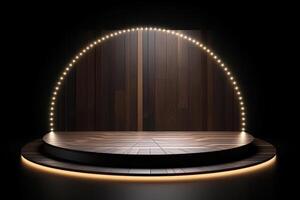 a wooden circular platform podium with a yellow neon light on dark background. photo