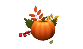 3D Render of Pumpkin with Autumn Leaves, Berries for Thanksgiving Celebrations Concept. png