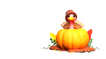 3D Render of Turkey Bird Peeping Out From a Pumpkin, Colorful Leaves for Thanks Giving Festival Celebration. png