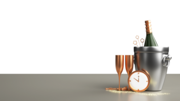 3D Render Of Champagne Bottle With Star Sticks Inside Silver Bucket, Clock, Golden Flute Glasses And Copy Space. png