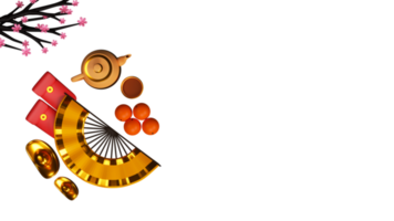 3D Top View of Chinese Paper Fan With Ingots, Envelopes, Teapot, Cup, Persimmon Fruit, Flower Branch And Copy Space. png