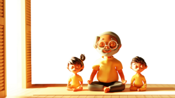 3D Render of Grandfather And Grandkids Meditating At Mat In Sitting Pose. png