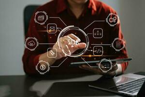 sdk software desarrollo equipo programación idioma tecnología concepto, persona mecanografía ordenador portátil computadora y tableta con sdk icono en virtual pantalla. foto