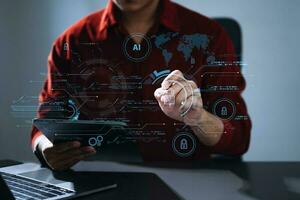 Cyber security and data protection. Business using computer and  tablet protecting business and financial data with virtual from cyber attack, cybersecurity technology in office photo