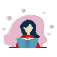 flat vector girl sitting at a table and reading a book