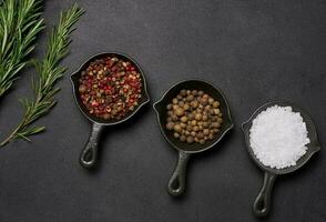 miniatura sartenes con especias, sal, negro pimienta y fragante pimienta, un puntilla de Romero en un negro mesa. especias para Cocinando foto