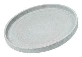 Empty round gray ceramic plate tilted on a white isolated background photo