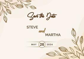 Beautiful Save the date template on a gold floral background with hand drawn leaves and flower border vector