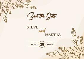 Beautiful Save the date template on a gold floral background with hand drawn leaves and flower border vector