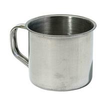 Empty metal mug with handle on white isolated background photo