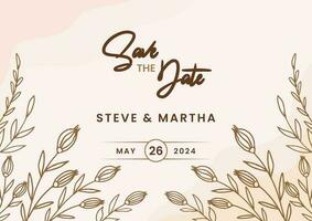 Beautiful Save the date template on a gold floral background with hand drawn leaves and flower border vector