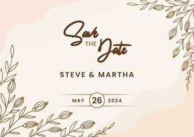 Beautiful Save the date template on a gold floral background with hand drawn leaves and flower border vector