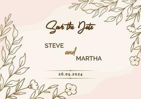 Beautiful Save the date template on a gold floral background with hand drawn leaves and flower border vector