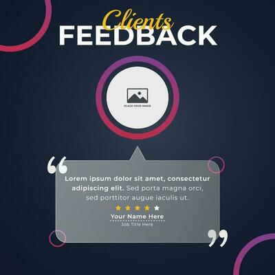 Client or customer service review testimonial social media post with glass morphism effect design template