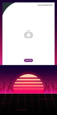 Banner in cyberpunk style. Neon vector color design, future city sunset.