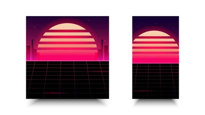 Social media in cyberpunk style. Neon vector color design, future city sunset.