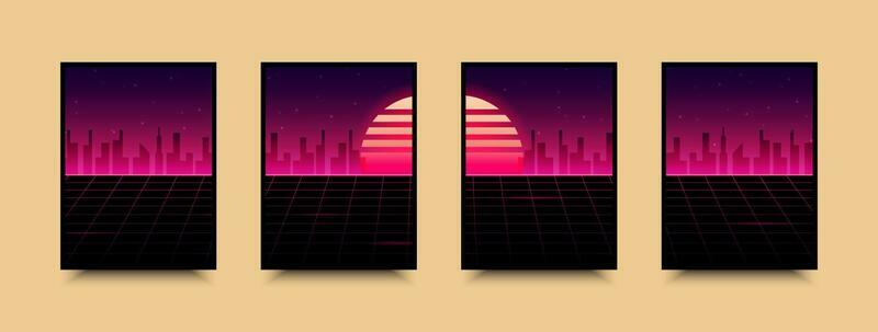 Poster in cyberpunk style. Neon vector color design, future city sunset.
