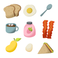 linda un pan huevos y emparedado desayuno íconos colección png
