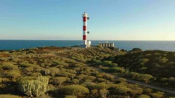 Antenne Aussicht von das Leuchtturm faro de Rasca, Natur Reservieren und das Berge beim Sonnenuntergang auf Teneriffa, Kanarienvogel Inseln, Spanien. wild Küste von das atlantisch Ozean. video