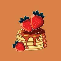 A stack of pancakes with chocolate and strawberries on an orange background. vector