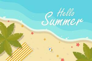 Summer background vector design with beautiful tropical leaves and beach