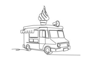 Single one line drawing Van with ice cream. Vans for street food selling. Car concept. Continuous line draw design graphic vector illustration.