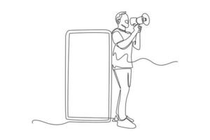 Continuous one line drawing happy boy shouting in loud speaker and smartphone. Business activity concept in market. Single line draw design vector graphic illustration.