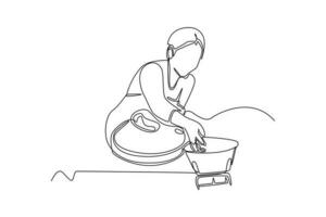 Continuous one line drawing sellers in traditional markets with goods scales. Business activity concept in market. Single line draw design vector graphic illustration.