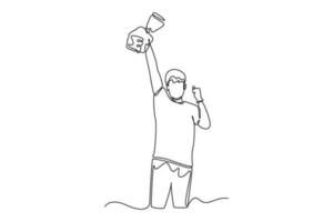 Continuous one line drawing happiness young man after picking up trash to plastic bag. World environment day concept. Single line draw design vector graphic illustration.
