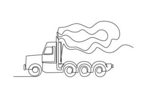 Continuous one line drawing truck pollution. World environment day concept. Single line draw design vector graphic illustration.