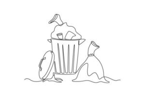 Continuous one line drawing trash heap. World environment day concept. Single line draw design vector graphic illustration.