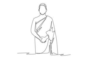 Continuous one line drawing a Muslim with his Ihram dress. Hajj and umrah concept. Single line draw design vector graphic illustration.