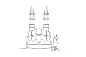 Continuous one line drawing a Muslim with his Ihram dress surround in front of Kaaba. Hajj and umrah concept. Single line draw design vector graphic illustration.