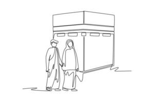 Continuous one line drawing muslim couples wife and husband wearing white traditional clothes for Ihram ready for Hajj. Hajj and umrah concept. Single line draw design vector graphic illustration.