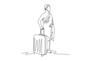 Continuous one line drawing a Muslim with his Ihram dress getting ready to go to pilgrimage carrying a suitcase. Hajj and umrah concept. Single line draw design vector graphic illustration.