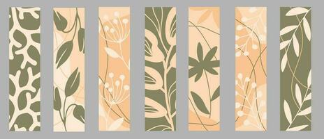 Set of vector bookmarks in vertical format. Abstract leaves, flower, branches and tropical plants.