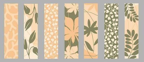 Set of vector bookmarks in vertical format. Abstract leaves, flower, branches and tropical plants.