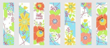 Set summer bookmarks. Hello summer. Summer flowers, leaves on white background. vector