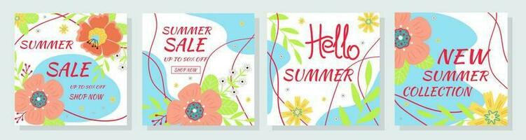 Set summer sale banners. Summer flowers and abstract shape. vector