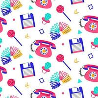 Colorful trendy seamless pattern with 80s-90s elements on white background. vector