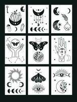 Banner set Mystical moon phases set icons and woman hands and moth, alchemy esoteric magic space, vector isolated black on white background